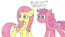 Size: 1280x732 | Tagged: safe, artist:cmara, imported from derpibooru, fluttershy, pinkie pie, earth pony, pegasus, pony, duo, female, mare, open mouth, simple background, traditional art, white background