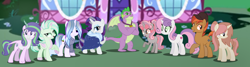 Size: 1280x342 | Tagged: safe, artist:amicasecret, imported from derpibooru, button mash, rarity, spike, sweetie belle, oc, oc:diamond earth, oc:gamesweet, oc:pyro crystal fragment, oc:sweetdiva, oc:vanellope, dracony, dragon, hybrid, pony, base used, family, female, gigachad spike, interspecies offspring, male, offspring, older, older button mash, older rarity, older spike, older sweetie belle, parent:button mash, parent:rarity, parent:spike, parent:sweetie belle, parents:sparity, parents:sweetiemash, shipping, sparity, straight, sweetiemash, winged spike