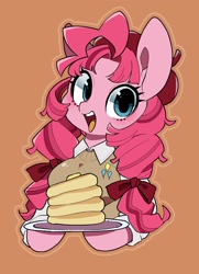 Size: 1084x1494 | Tagged: safe, artist:potetecyu_to, imported from derpibooru, pinkie pie, anthro, semi-anthro, alternate hairstyle, arm hooves, beret, breasts, brown background, bust, clothes, cute, cutie mark, cutie mark on clothes, diapinkes, female, food, hat, open mouth, pancakes, plate, simple background, solo, sweater vest