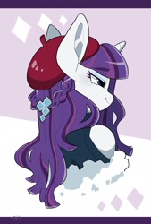 Size: 1300x1920 | Tagged: safe, artist:potetecyu_to, imported from derpibooru, rarity, semi-anthro, alternate hairstyle, beatnik rarity, beret, bust, clothes, cute, cutie mark accessory, female, hat, profile, raribetes, shoulderless, solo, sweater, turtleneck