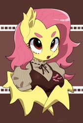 Size: 1300x1920 | Tagged: safe, artist:potetecyu_to, imported from derpibooru, fluttershy, bat pony, semi-anthro, bat ponified, breasts, bust, chestbreasts, clothes, cutie mark, cutie mark on clothes, fangs, female, flutterbat, open mouth, race swap, solo