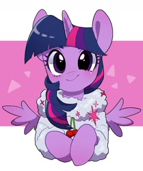 Size: 1300x1556 | Tagged: safe, artist:potetecyu_to, imported from derpibooru, twilight sparkle, alicorn, pony, semi-anthro, abstract background, arm hooves, clothes, coat, cute, cutie mark, cutie mark on clothes, female, looking at you, mare, small wings, smiling, solo, twiabetes, twilight sparkle (alicorn), wings, winter outfit