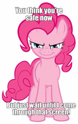 Size: 808x1280 | Tagged: safe, imported from derpibooru, pinkie pie, earth pony, pony, breaking the fourth wall, caption, evil grin, female, fourth wall, grin, image macro, looking at you, mare, meme, rapeface, smiling, solo, text, the fourth wall cannot save you