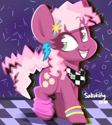 Size: 2080x2321 | Tagged: safe, artist:sakukitty, imported from derpibooru, cheerilee, earth pony, pony, 80s, 80s cheerilee, bandana, bangles, braces, cheeribetes, cute, leg warmers, smiling, solo, younger