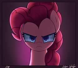 Size: 2500x2200 | Tagged: safe, artist:melanyschaffer, artist:opal_radiance, imported from derpibooru, pinkie pie, earth pony, pony, aggravated, angry, bust, dark, female, frown, gradient background, high res, it is on, looking at you, mare, pinkie pie is not amused, portrait, signature, solo, this will end in cupcakes, unamused