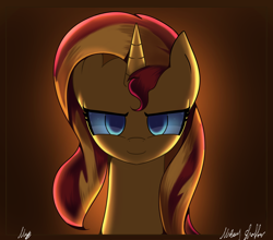 Size: 2500x2200 | Tagged: safe, artist:melanyschaffer, artist:opal_radiance, imported from derpibooru, sunset shimmer, pony, unicorn, equestria girls, female, gradient background, looking at you, signature, solo