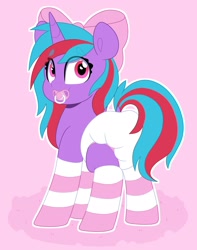 Size: 1610x2048 | Tagged: safe, artist:duckie, imported from derpibooru, oc, oc only, oc:cosmic spark, pony, unicorn, abdl, adult foal, bow, clothes, cute, diaper, diaper fetish, fetish, hair bow, looking at you, looking back, non-baby in diaper, ocbetes, pacifier, poofy diaper, socks, solo, striped socks