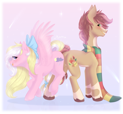 Size: 2000x1856 | Tagged: safe, artist:kawipie, imported from derpibooru, oc, oc only, oc:bay breeze, oc:pitch pine, earth pony, pegasus, blaze (coat marking), blushing, bow, butt bump, butt to butt, butt touch, clothes, coat markings, cute, duo, facial markings, female, hair bow, looking at each other, male, mare, pinebreeze, scarf, shipping, socks (coat marking), socks (coat markings), stallion, tail bow, unshorn fetlocks