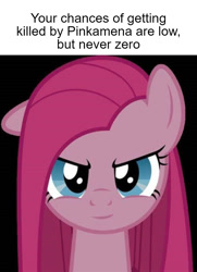 Size: 892x1230 | Tagged: safe, imported from derpibooru, pinkie pie, black background, caption, evil smirk, looking at you, meme, pinkamena diane pie, ron the death eater, simple background, smiling, smirk, text, this will end in cupcakes, this will not end well, uh oh, your chances are low but never zero