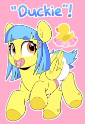Size: 1397x2048 | Tagged: safe, alternate version, artist:duckie, imported from derpibooru, oc, oc:bubble "duckie" bath, duck, duck pony, pegasus, pony, abdl, adult foal, alternate design, diaper, eyebrows, eyebrows visible through hair, hairclip, hooves, non-baby in diaper, reference sheet, rubber duck