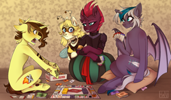 Size: 2969x1745 | Tagged: safe, artist:elen_sparks, imported from derpibooru, tempest shadow, oc, oc:busy buzz (ice1517), oc:elizabat stormfeather, oc:trail blazer (ice1517), alicorn, bat pony, bat pony alicorn, bee pony, original species, pony, unicorn, alicorn oc, angry, annoyed, armor, bat pony oc, bat wings, bean bag chair, beanbag chair, bisexual, blushing, board game, bodysuit, broken horn, canon x oc, card, clothes, collar, commission, deely bobbers, ear piercing, earring, elizablazer, elizablazershadow, eye scar, female, grin, hairband, hoof hold, hoof shoes, horn, jewelry, lesbian, male, mare, mask, money, monopoly, multicolored hair, nose piercing, nose ring, oc x oc, open mouth, piercing, pillow, polyamory, raised hoof, scar, shipping, shirt, sitting, smiling, smug, stallion, stormshadow, straight, t-shirt, tattoo, wall of tags, wings, ych result