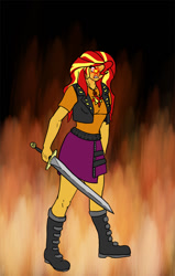 Size: 510x800 | Tagged: safe, artist:slamjam, imported from derpibooru, sunset shimmer, human, equestria girls, fiery shimmer, fire, sword, weapon