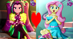 Size: 3000x1636 | Tagged: safe, artist:the-butch-x, edit, imported from derpibooru, aria blaze, fluttershy, equestria girls, ariashy, female, lesbian, shipping, shipping domino