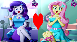 Size: 3000x1636 | Tagged: safe, artist:the-butch-x, edit, imported from derpibooru, fluttershy, rarity, equestria girls, female, flarity, heart, lesbian, shipping, shipping domino