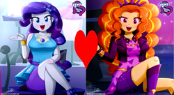 Size: 3000x1636 | Tagged: safe, artist:the-butch-x, edit, imported from derpibooru, adagio dazzle, rarity, equestria girls, adagity, female, geode of shielding, heart, lesbian, magical geodes, shipping, shipping domino