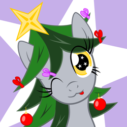 Size: 10000x10000 | Tagged: safe, artist:mraagh, imported from derpibooru, oc, oc only, oc:sorunome, pegasus, pony, .svg available, abstract background, absurd resolution, background, bow, bust, christmas, christmas tree, colored, cute, eye clipping through hair, female, flat colors, gray coat, green mane, hair, hair bow, hair decorations, head, holiday, jewelry, looking at you, mane, mare, multicolored hair, multicolored mane, not derpy, one eye closed, portrait, silly, simple background, smiling at you, solo, solo female, starry eyes, tongue out, tree, vector, wingding eyes, wink, winking at you, yellow eyes