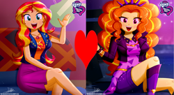 Size: 3000x1636 | Tagged: safe, artist:the-butch-x, edit, imported from derpibooru, adagio dazzle, sunset shimmer, equestria girls, female, heart, lesbian, shipping, shipping domino, sunsagio