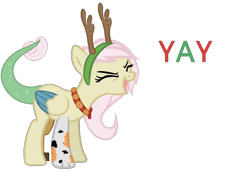 Size: 1274x889 | Tagged: safe, artist:millerrachel, imported from derpibooru, oc, oc only, oc:fate, hybrid, animal costume, christmas, clothes, costume, eyes closed, flutteryay, happy, holiday, interspecies offspring, offspring, parent:discord, parent:fluttershy, parents:discoshy, reindeer costume, simple background, solo, transparent background, yay