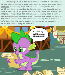 Size: 950x1100 | Tagged: safe, edit, imported from derpibooru, screencap, lickety split, spike, dragon, earth pony, pony, triple threat, comic relief, g1, g1 backstory, lore, male, monospace, my little pony writers' guide, personality, scanned, solo