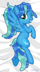 Size: 675x1200 | Tagged: safe, artist:jennieoo, imported from derpibooru, oc, oc only, oc:ocean soul, elemental, pegasus, pony, butt, happy, looking at you, one eye closed, plot, show accurate, smiling, solo, water mane, wings, wink, winking at you