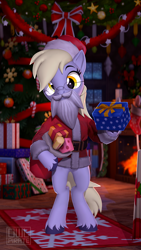 Size: 1080x1920 | Tagged: safe, artist:owlpirate, imported from derpibooru, derpy hooves, pegasus, pony, 3d, bipedal, christmas, christmas decoration, christmas ornament, christmas stocking, christmas tree, clothes, costume, decoration, fake beard, female, fireplace, glasses, holiday, mare, present, santa claus, santa costume, solo, source filmmaker, tinsel, tree, unshorn fetlocks