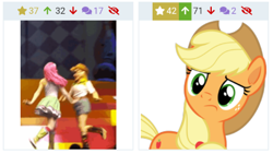 Size: 467x263 | Tagged: safe, artist:frownfactory, imported from derpibooru, applejack, fluttershy, earth pony, human, pony, derpibooru, equestria girls, leap of faith, animated, applejack's hat, clothes, cosplay, costume, cowboy hat, dancing, eqg el show en vivo, female, freckles, gif, hat, irl, irl human, juxtaposition, mare, meta, op is a creep, panties, photo, simple background, skirt, solo, transparent background, underwear, upskirt, vector