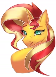 Size: 1591x2196 | Tagged: safe, artist:zekrum, imported from derpibooru, sunset shimmer, pony, unicorn, bust, female, simple background, solo, white background