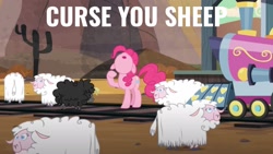 Size: 1920x1080 | Tagged: safe, edit, edited screencap, imported from derpibooru, screencap, pinkie pie, pony, sheep, party pooped, quote, solo, train