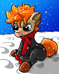 Size: 1080x1350 | Tagged: artist needed, safe, imported from derpibooru, oc, oc only, pony, pony town, blushing, clothes, colored, digital art, male, red hair, sitting, snow, snowfall, solo