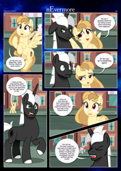 Size: 3259x4607 | Tagged: safe, artist:estories, imported from derpibooru, oc, oc only, oc:alice goldenfeather, oc:möbius, pegasus, pony, unicorn, comic:nevermore, comic, horn, pegasus oc, speech bubble, unicorn oc, wings
