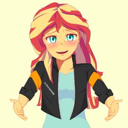 Size: 2000x2000 | Tagged: safe, artist:nihithebrony, imported from derpibooru, sunset shimmer, equestria girls, blushing, clothes, cute, hand, happy, hug, hug request, jacket, kill la kill, meme, my little pogchamp, pogchamp, reference, shimmerbetes, smiling, smiling at you, solo, voice actor joke