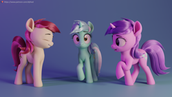 Size: 5760x3240 | Tagged: safe, artist:therealdjthed, imported from derpibooru, amethyst star, lyra heartstrings, roseluck, sparkler, earth pony, pony, unicorn, 3d, blender, eyes closed, female, horn, mare, open mouth, palette swap, raised hoof, recolor, render, shocked, trio, trio female