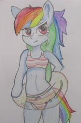 Size: 2545x3855 | Tagged: safe, artist:star lily, imported from derpibooru, rainbow dash, anthro, semi-anthro, arm hooves, clothes, diaper, diaper fetish, fetish, inner tube, non-baby in diaper, solo, swimsuit, traditional art