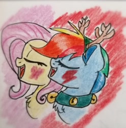 Size: 2097x2124 | Tagged: safe, artist:c.a.m.e.l.l.i.a, imported from derpibooru, fluttershy, rainbow dash, pony, antlers, bell, bell collar, blushing, collar, cute, hearth's warming eve, singing, traditional art