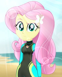 Size: 2000x2500 | Tagged: safe, artist:aryatheeditor, imported from derpibooru, fluttershy, human, equestria girls, equestria girls series, adorasexy, beach, beautiful, beautisexy, clothes, cute, determined, digital art, female, geode of fauna, hairpin, jewelry, looking at you, magical geodes, outfit, pendant, photo, sexy, solo, swimsuit, wetsuit