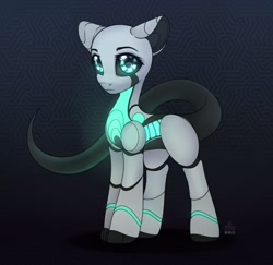 Size: 1648x1600 | Tagged: safe, artist:radioaxi, artist:reterica, imported from derpibooru, oc, oc only, pony, robot, robot pony, abstract background, augmented tail, glow, glowing, looking at you, solo, standing