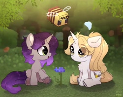 Size: 2480x1950 | Tagged: safe, artist:radioaxi, artist:reterica, imported from derpibooru, oc, oc only, oc:moonsonat, bee, insect, pony, unicorn, chibi, crossover, duo, eye clipping through hair, female, flower, forest, horseshoes, minecraft, minecraft bee, open mouth, sitting, smiling, underhoof