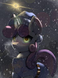 Size: 2390x3214 | Tagged: safe, artist:skitsniga, artist:skitsroom, imported from derpibooru, sweetie belle, pony, unicorn, belt, cheek fluff, clothes, coat, ear fluff, eye clipping through hair, female, hat, lens flare, looking at you, snow, snowfall, solo, winter, winter outfit