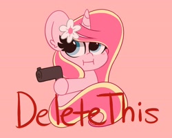 Size: 4096x3297 | Tagged: safe, artist:kittyrosie, imported from derpibooru, oc, oc only, oc:rosa flame, pony, unicorn, :i, blushing, cute, daaaaaaaaaaaw, delet this, female, flower, flower in hair, gun, mare, ocbetes, simple background, solo, weapon