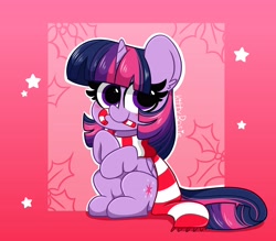 Size: 4096x3584 | Tagged: safe, artist:kittyrosie, imported from derpibooru, twilight sparkle, alicorn, pony, abstract background, blushing, candy, candy cane, christmas, clothes, cute, ear fluff, female, food, high res, holiday, kittyrosie is trying to murder us, looking at you, mare, scarf, sitting, smiling, solo, twiabetes, twilight sparkle (alicorn)