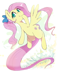 Size: 2270x2822 | Tagged: safe, artist:fuyugi, artist:nendo, imported from derpibooru, fluttershy, pegasus, pony, bow, cute, female, flying, hair bow, hoof on chin, looking at you, mare, ribbon, shyabetes, smiling, solo, spread wings, wings