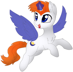 Size: 2557x2511 | Tagged: safe, artist:fierymoonlight, imported from derpibooru, oc, oc only, oc:fiery moonlight, pony, unicorn, derpibooru community collaboration, 2021 community collab, absurd resolution, artificial wings, augmented, flying, glowing, glowing horn, high res, horn, magic, magic aura, magic wings, male, open mouth, open smile, simple background, smiling, solo, spread wings, stallion, transparent background, unicorn oc, wings