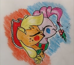 Size: 2544x2214 | Tagged: safe, artist:c.a.m.e.l.l.i.a, imported from derpibooru, applejack, pinkie pie, bust, clothes, cute, duo, hearth's warming eve, portrait, scarf, singing, traditional art