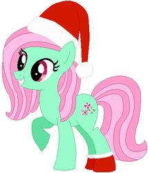 Size: 380x443 | Tagged: safe, artist:selenaede, artist:user15432, imported from derpibooru, minty, earth pony, pony, a very minty christmas, base used, christmas, christmas outfit, clothes, g3, g3 to g4, g4, generation leap, hat, holiday, raised hoof, red hat, red socks, santa hat, simple background, socks, solo, that pony sure does love socks, vector, white background