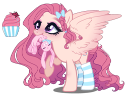 Size: 2000x1500 | Tagged: safe, artist:gihhbloonde, imported from derpibooru, oc, oc only, pegasus, pony, base used, clothes, female, magical lesbian spawn, mare, mouth hold, offspring, parent:fluttershy, parent:sugar belle, plushie, simple background, socks, solo, striped socks, transparent background