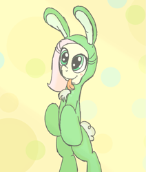 Size: 869x1024 | Tagged: safe, artist:mr-degration, imported from derpibooru, fluttershy, pegasus, pony, rabbit, :p, abstract background, animal, animal costume, bipedal, bunny costume, clothes, costume, cute, female, shyabetes, solo, tongue out