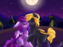 Size: 2048x1536 | Tagged: safe, artist:sweetkllrvane, imported from derpibooru, oc, oc:cosmic star, oc:sirius nova, alicorn, bat pony, pony, ethereal mane, galaxy mane, kissing, moon, oc x oc, shipping