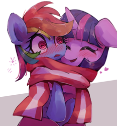 Size: 1558x1674 | Tagged: safe, artist:lexiedraw, imported from derpibooru, rainbow dash, twilight sparkle, alicorn, pegasus, pony, unicorn, blushing, clothes, cute, duo, eyes closed, female, floating heart, floppy ears, heart, lesbian, mare, open mouth, scarf, shared clothing, shared scarf, shipping, smiling, swirly eyes, twidash, unicorn twilight