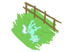 Size: 2200x1600 | Tagged: safe, artist:sufficient, imported from derpibooru, lyra heartstrings, pony, unicorn, cute, descriptive noise, fence, grass, happy, horses doing horse things, lying down, rolling, simple background, solo, white background