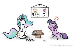 Size: 501x325 | Tagged: safe, artist:banebuster, imported from derpibooru, princess celestia, twilight sparkle, alicorn, pony, unicorn, series:tiny tia, chess, chest marking, cross-popping veins, pointy ponies, score, simple background, unicorn twilight, white background